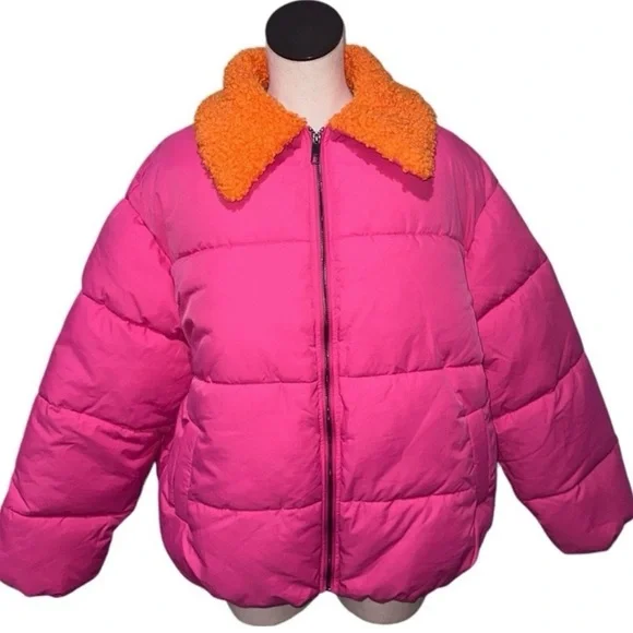 Urban Outfitters Neon Pink Duckie Faux Shearling Women Small Puffer Jacket NEW - Picture 3 of 16